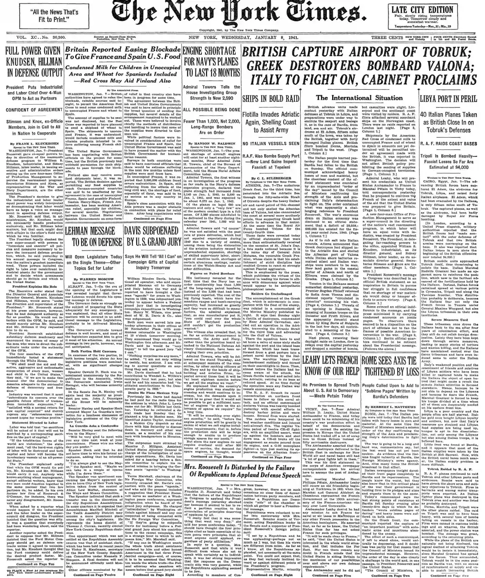 Wednesday, January 8, 1941 – The New York Times Front Page