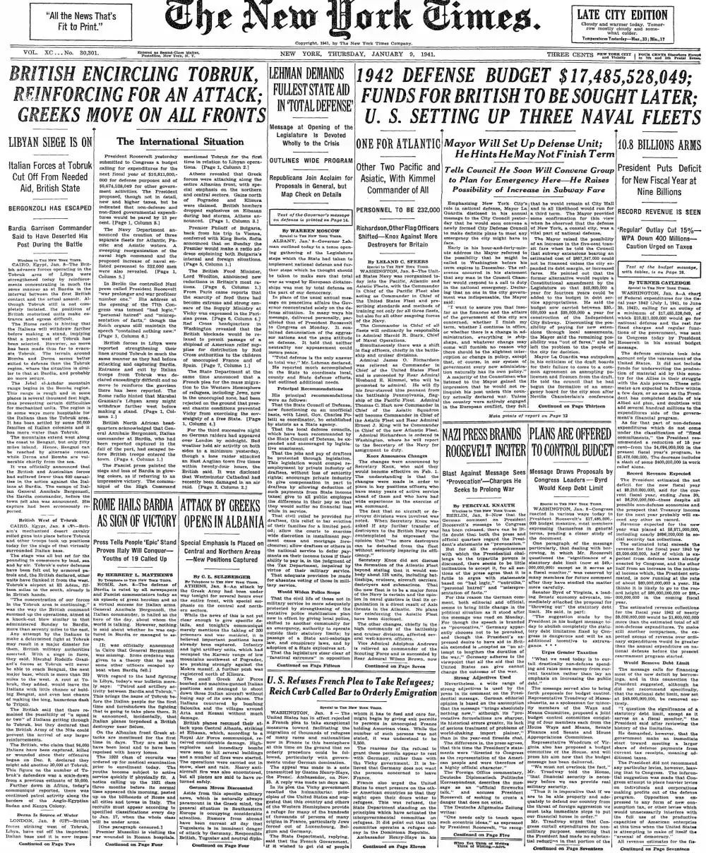 Thursday, January 9, 1941 – The New York Times Front Page