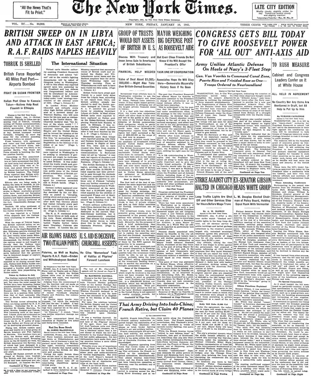 Friday, January 10, 1941 – The New York Times Front Page