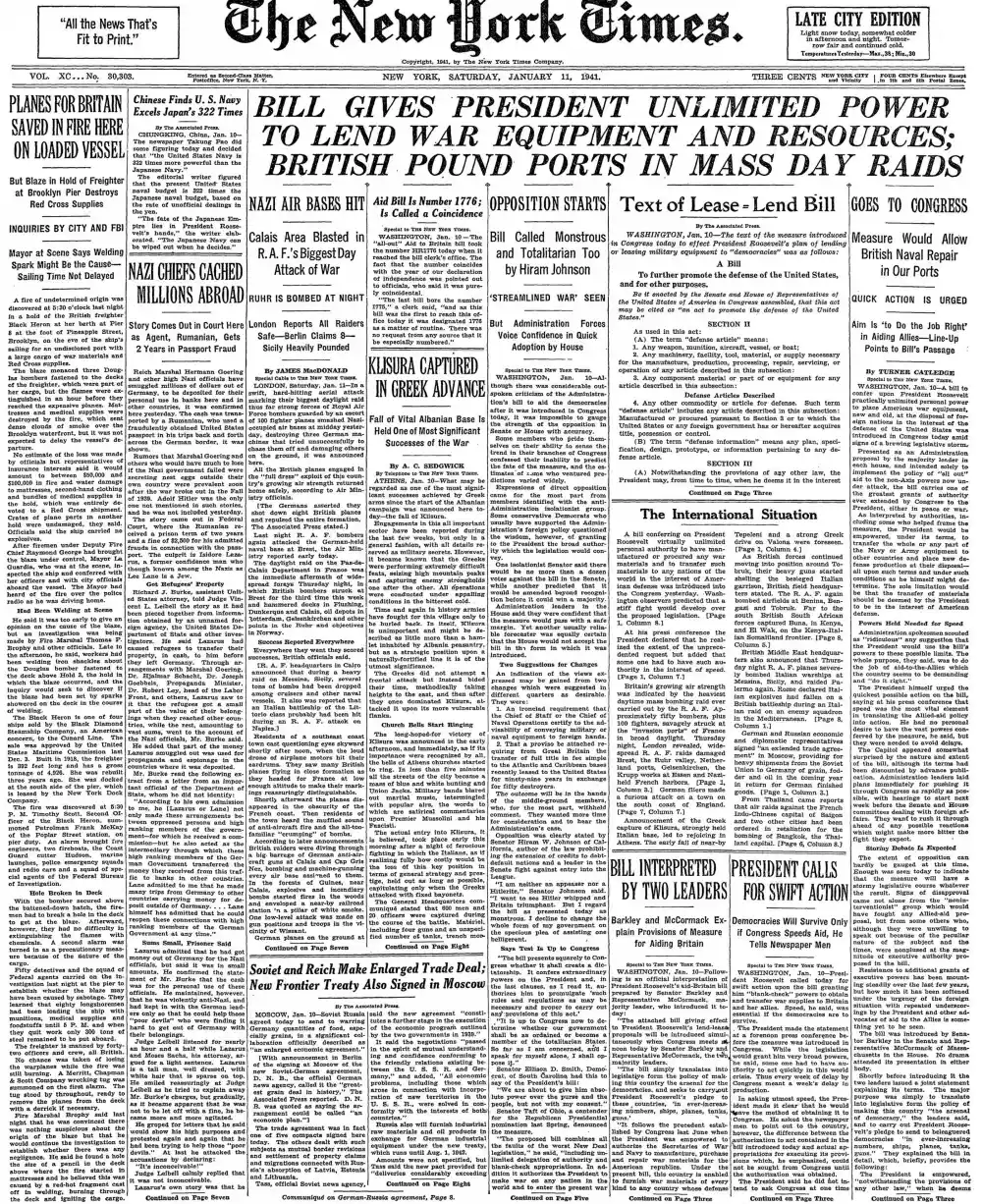 Saturday, January 11, 1941 – The New York Times Front Page