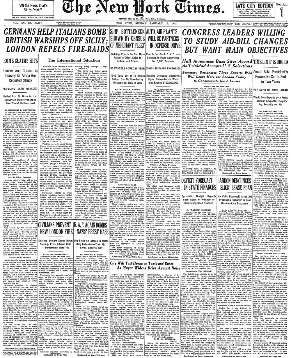 Sunday, January 12, 1941 – The New York Times Front Page