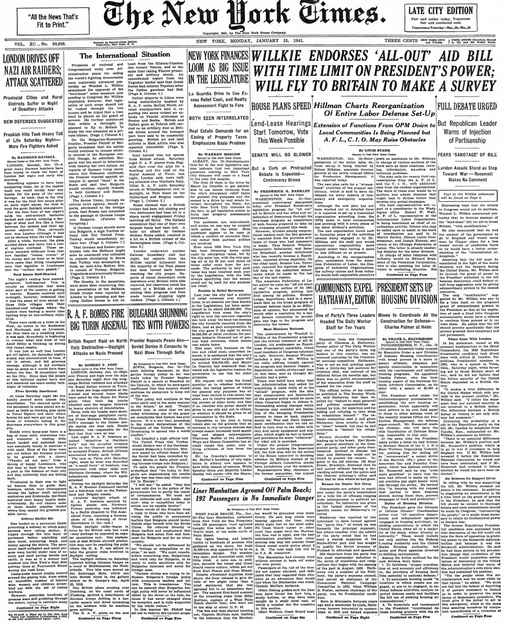 Monday, January 13, 1941 – The New York Times Front Page