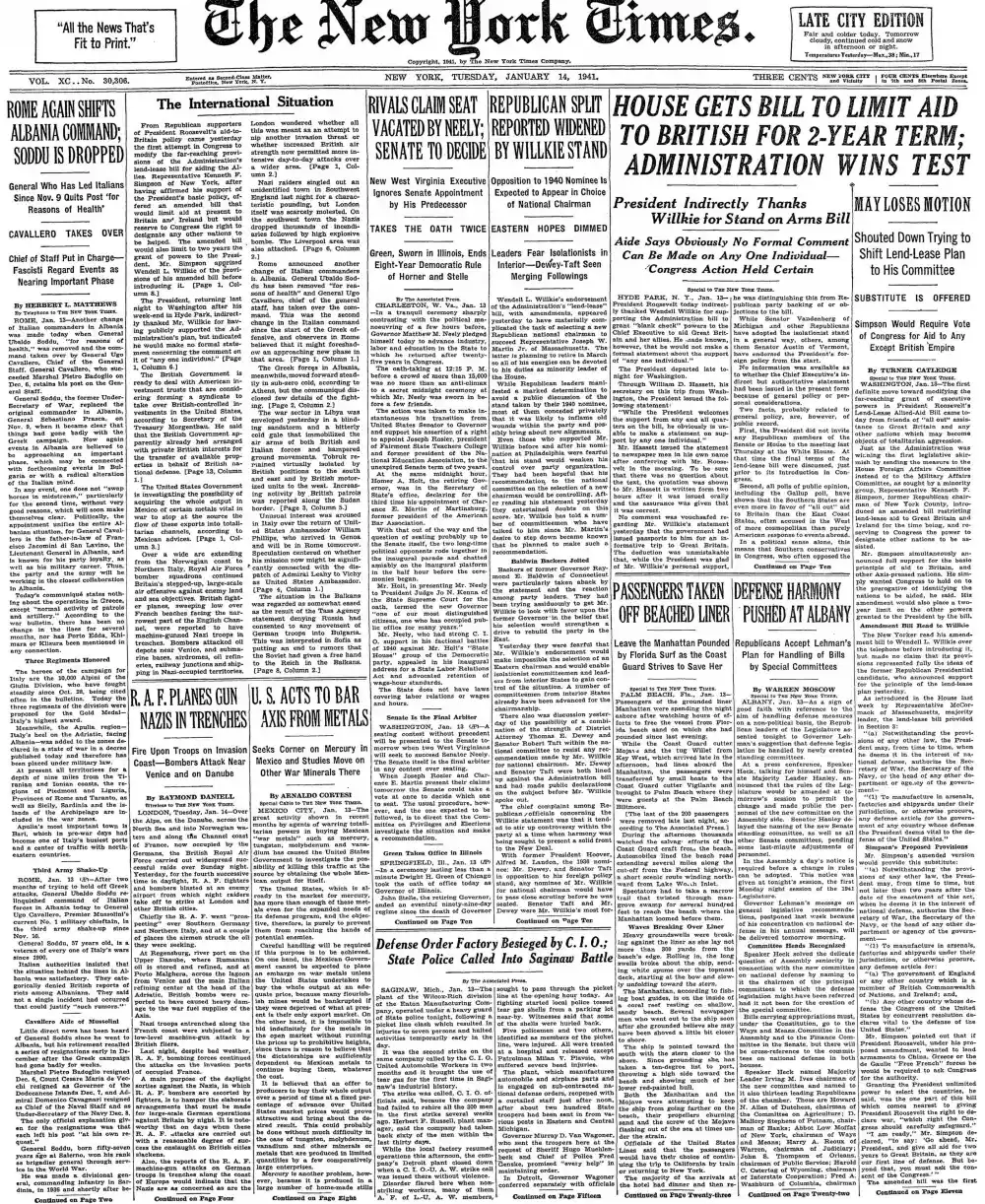 Tuesday, January 14, 1941 – The New York Times Front Page