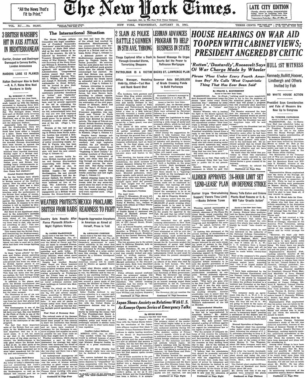 Wednesday, January 15, 1941 – The New York Times Front Page