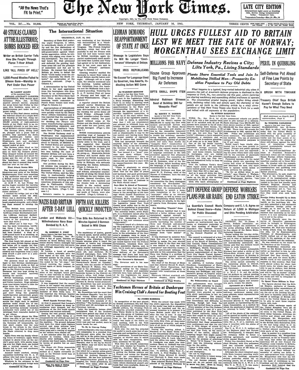 Thursday, January 16, 1941 – The New York Times Front Page