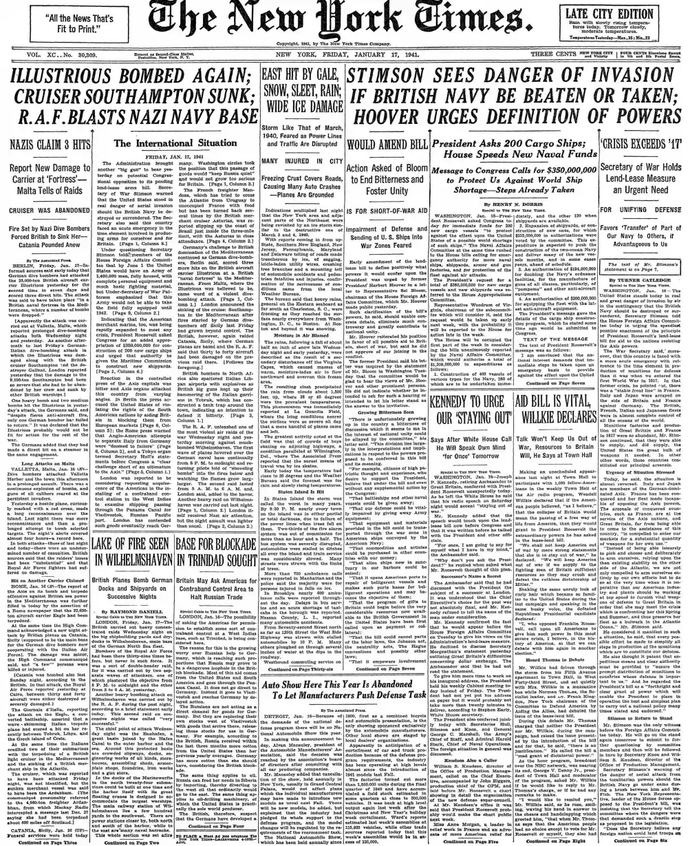 Friday, January 17, 1941 – The New York Times Front Page