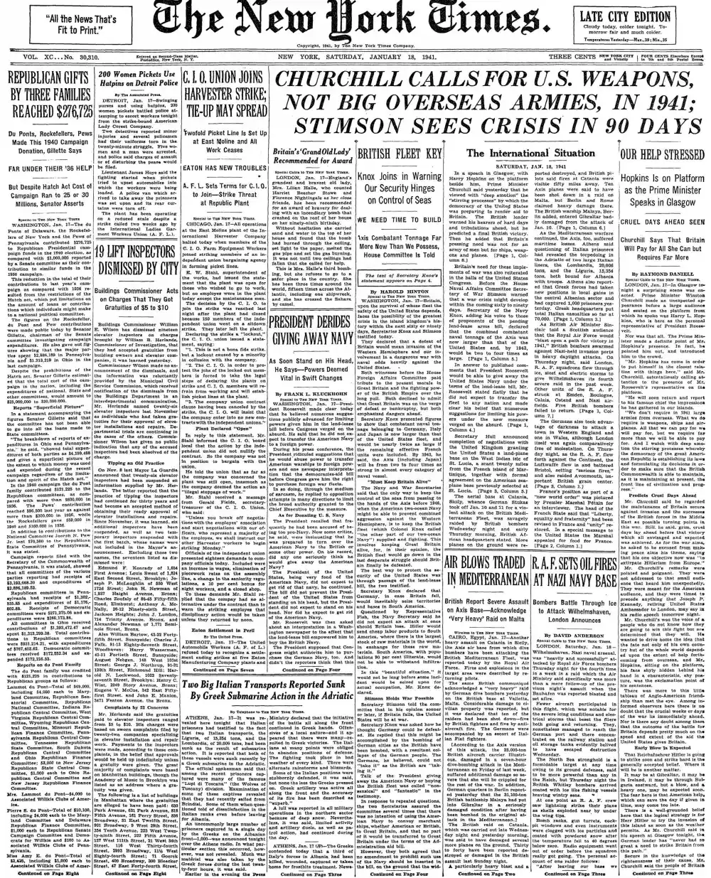 Saturday, January 18, 1941 – The New York Times Front Page