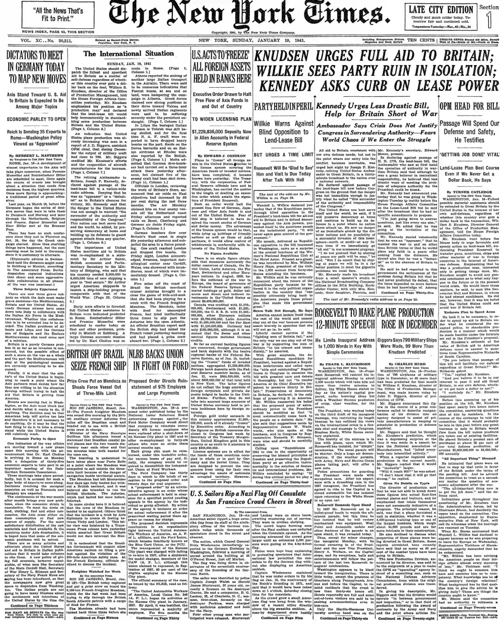 Sunday, January 19, 1941 – The New York Times Front Page