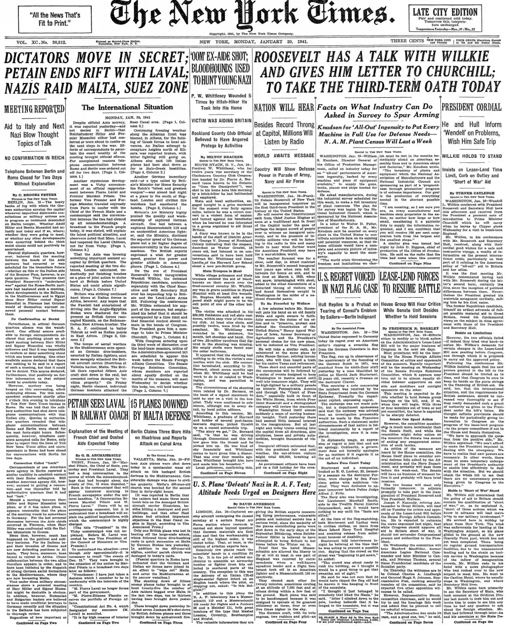 Monday, January 20, 1941 – The New York Times Front Page