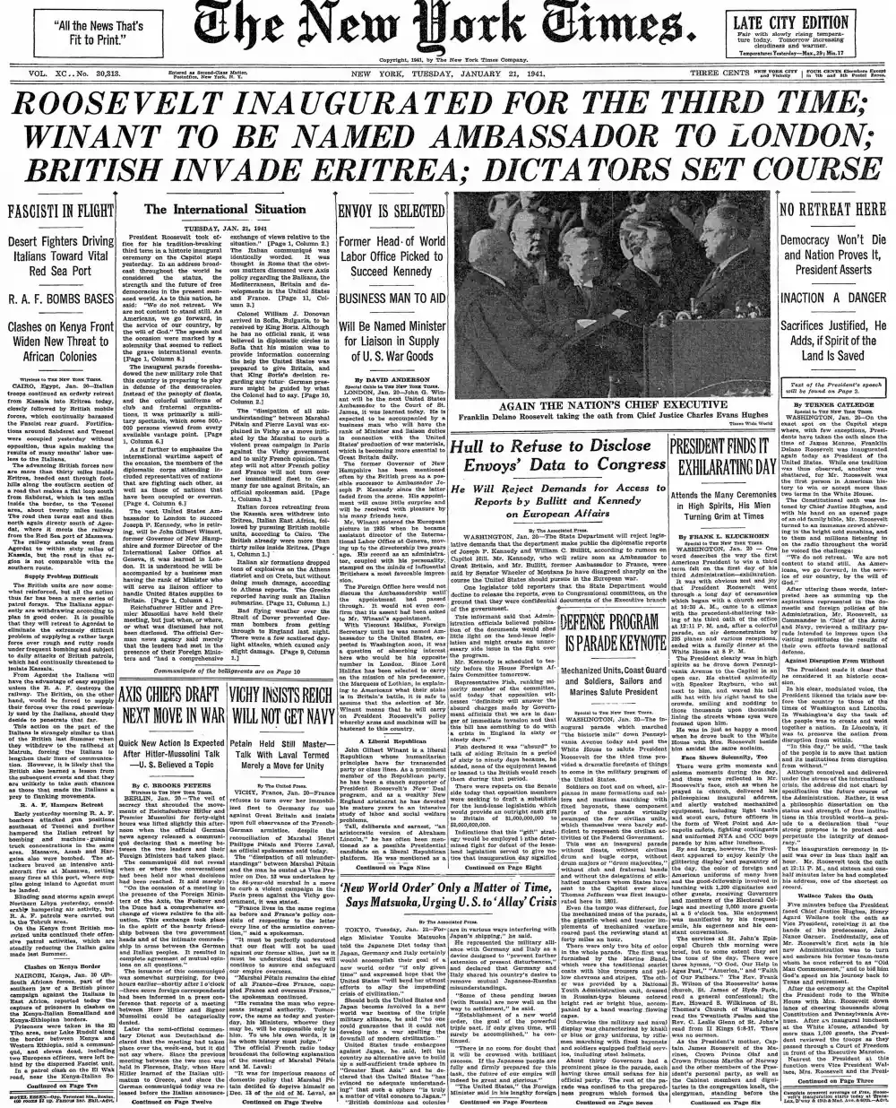 Tuesday, January 21, 1941 – The New York Times Front Page