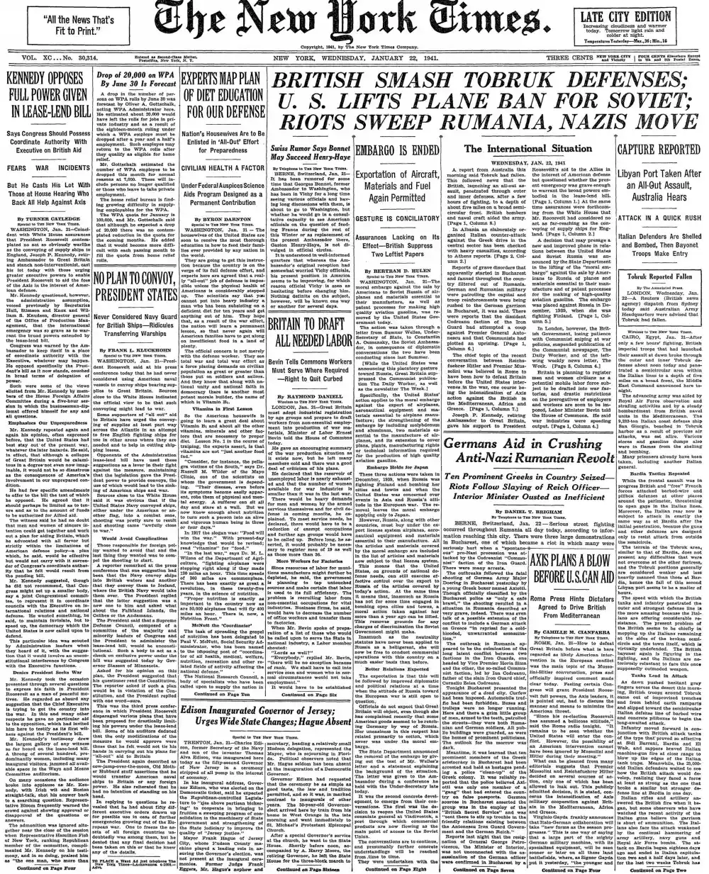 Wednesday, January 22, 1941 – The New York Times Front Page