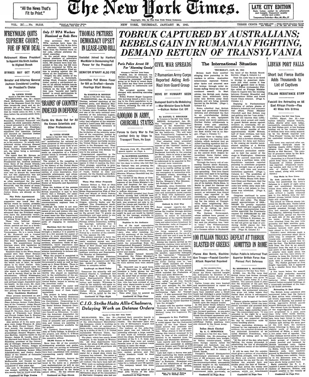Thursday, January 23, 1941 – The New York Times Front Page