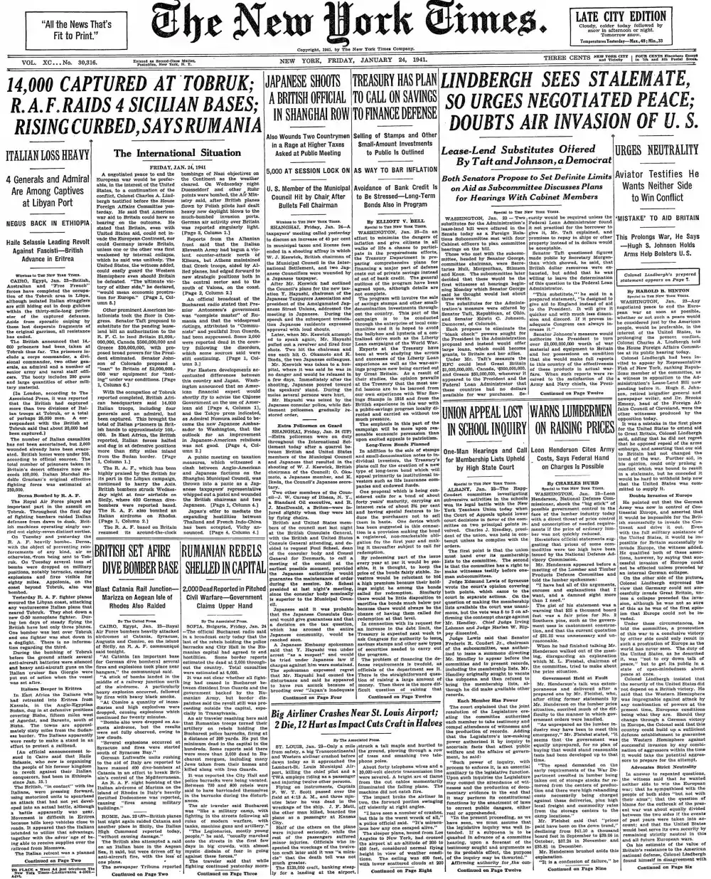 Friday, January 24, 1941 – The New York Times Front Page
