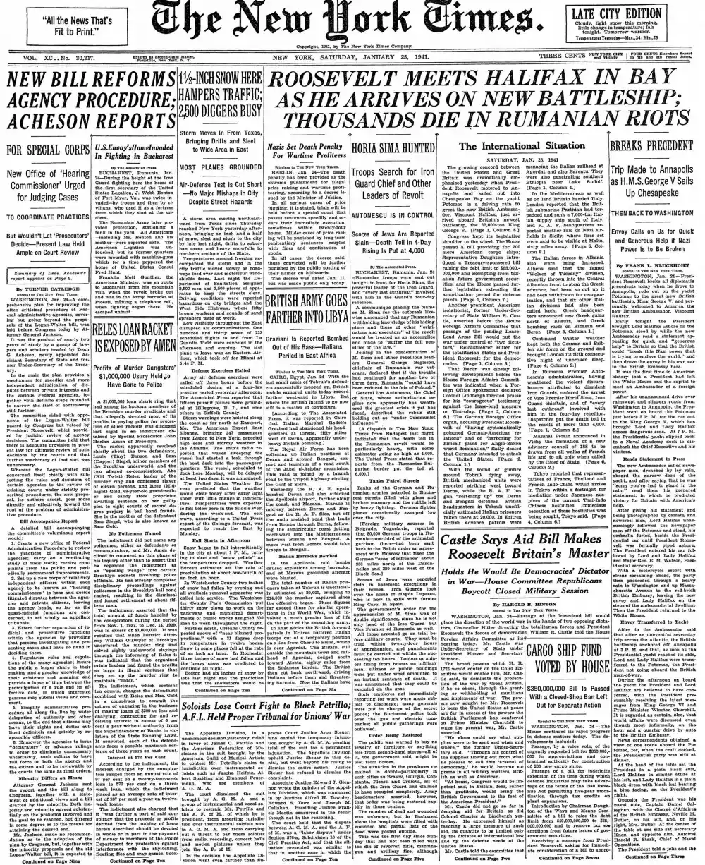 Saturday, January 25, 1941 – The New York Times Front Page