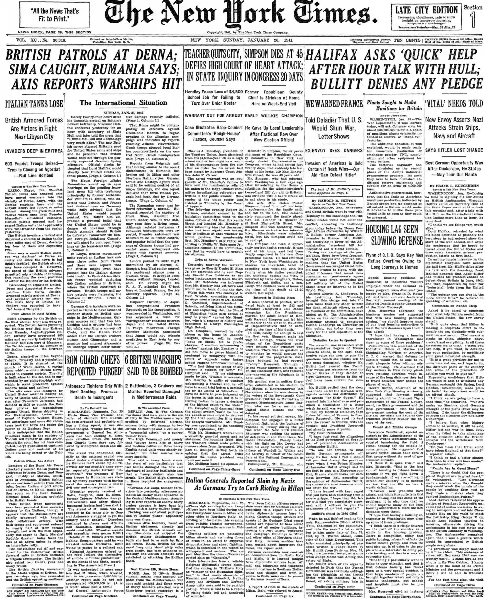 Sunday, January 26, 1941 – The New York Times Front Page