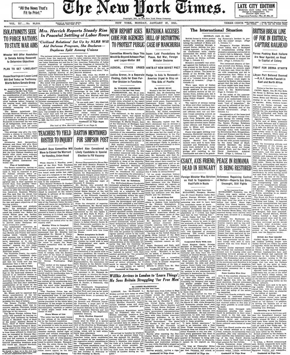 Monday, January 27, 1941 – The New York Times Front Page