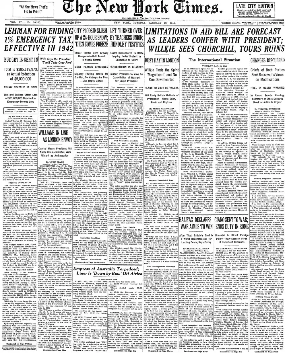 Tuesday, January 28, 1941 – The New York Times Front Page