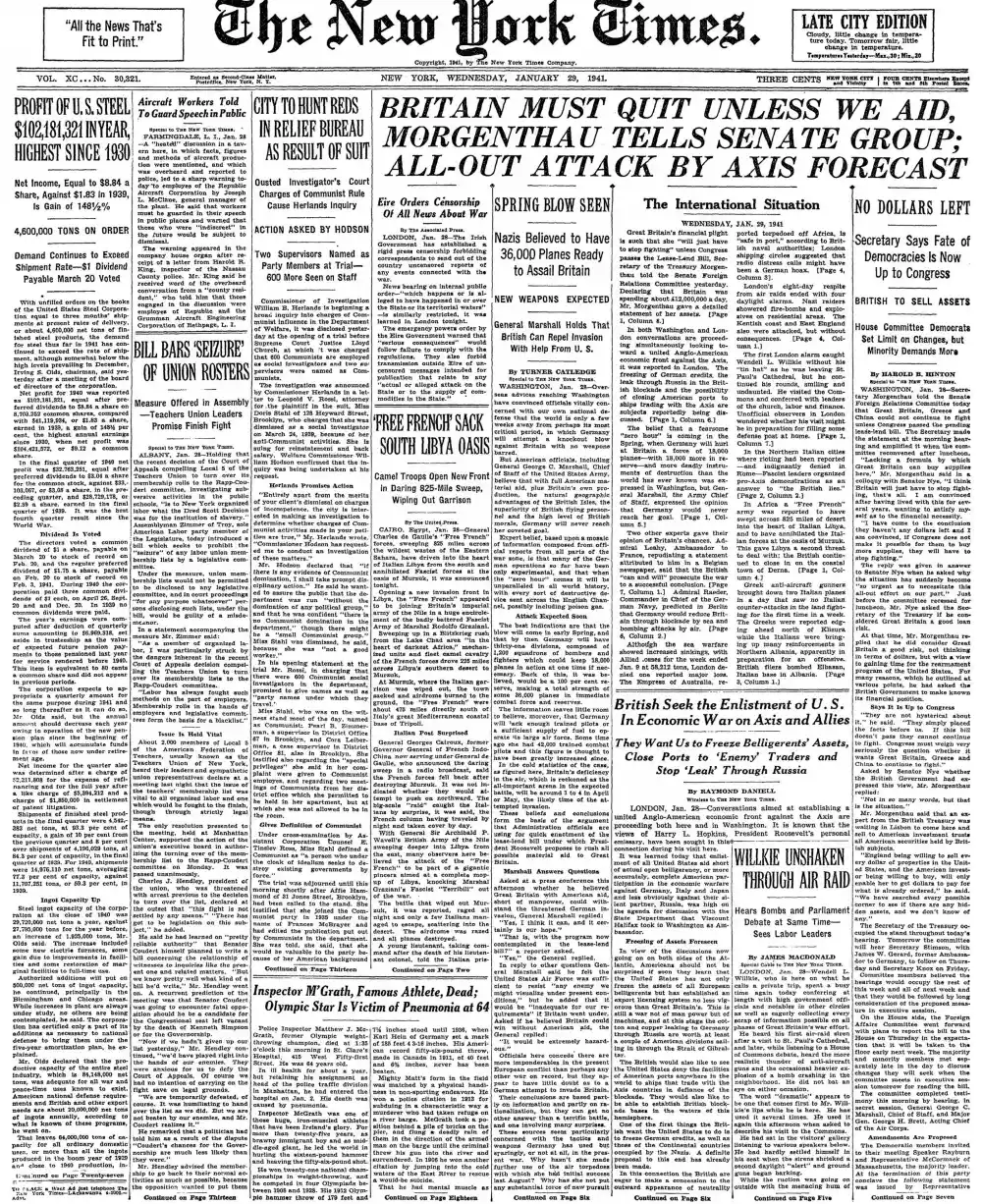 Wednesday, January 29, 1941 – The New York Times Front Page