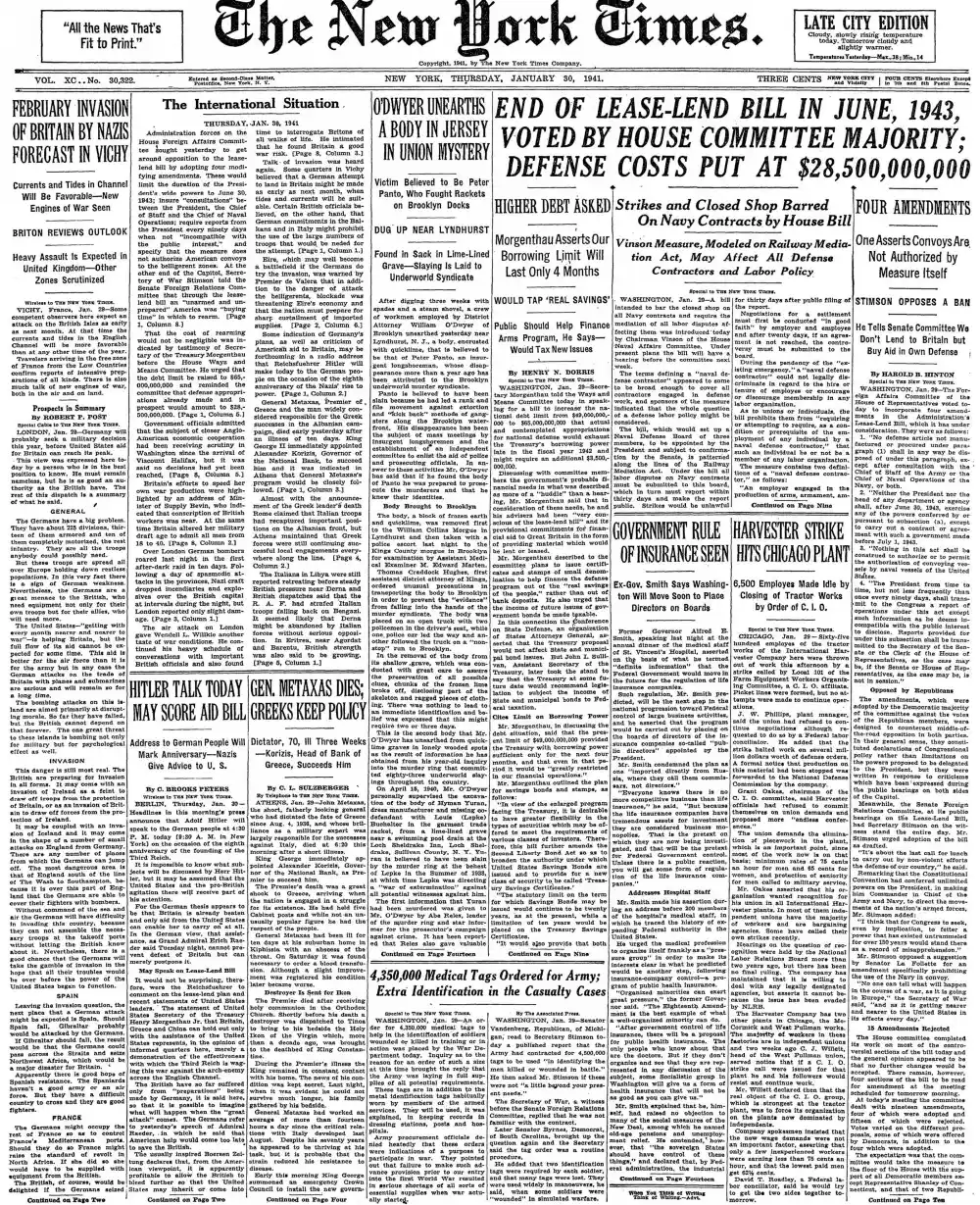 Thursday, January 30, 1941 – The New York Times Front Page