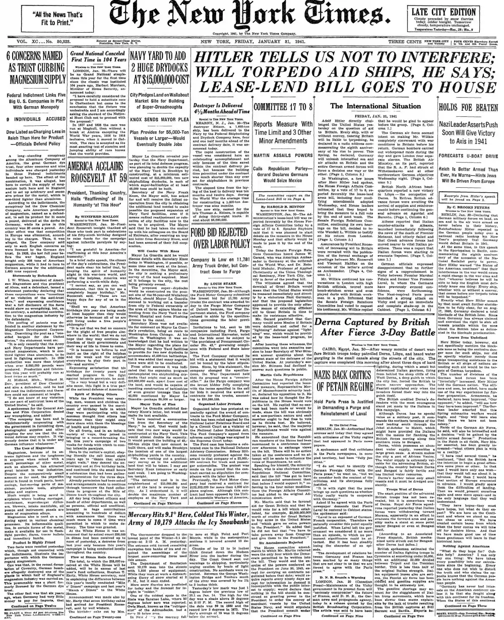 Friday, January 31, 1941 – The New York Times Front Page