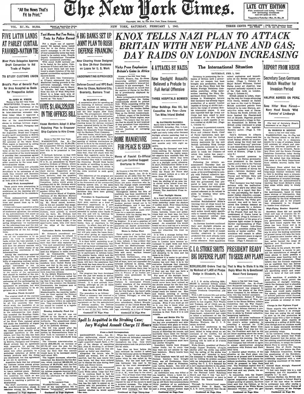 Saturday, February 1, 1941 – The New York Times Front Page