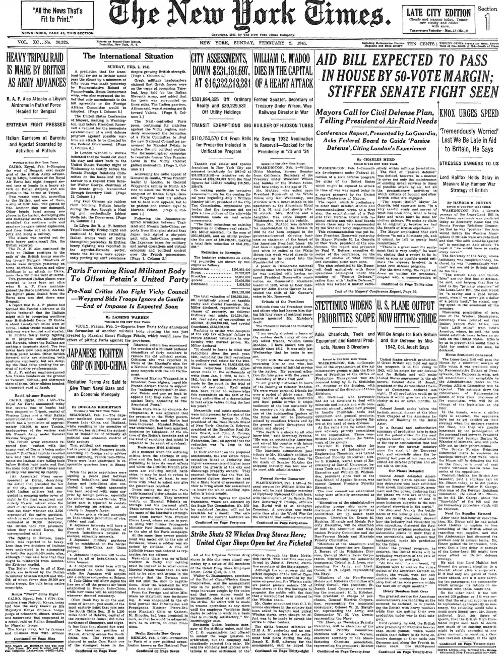 Sunday, February 2, 1941 – The New York Times Front Page