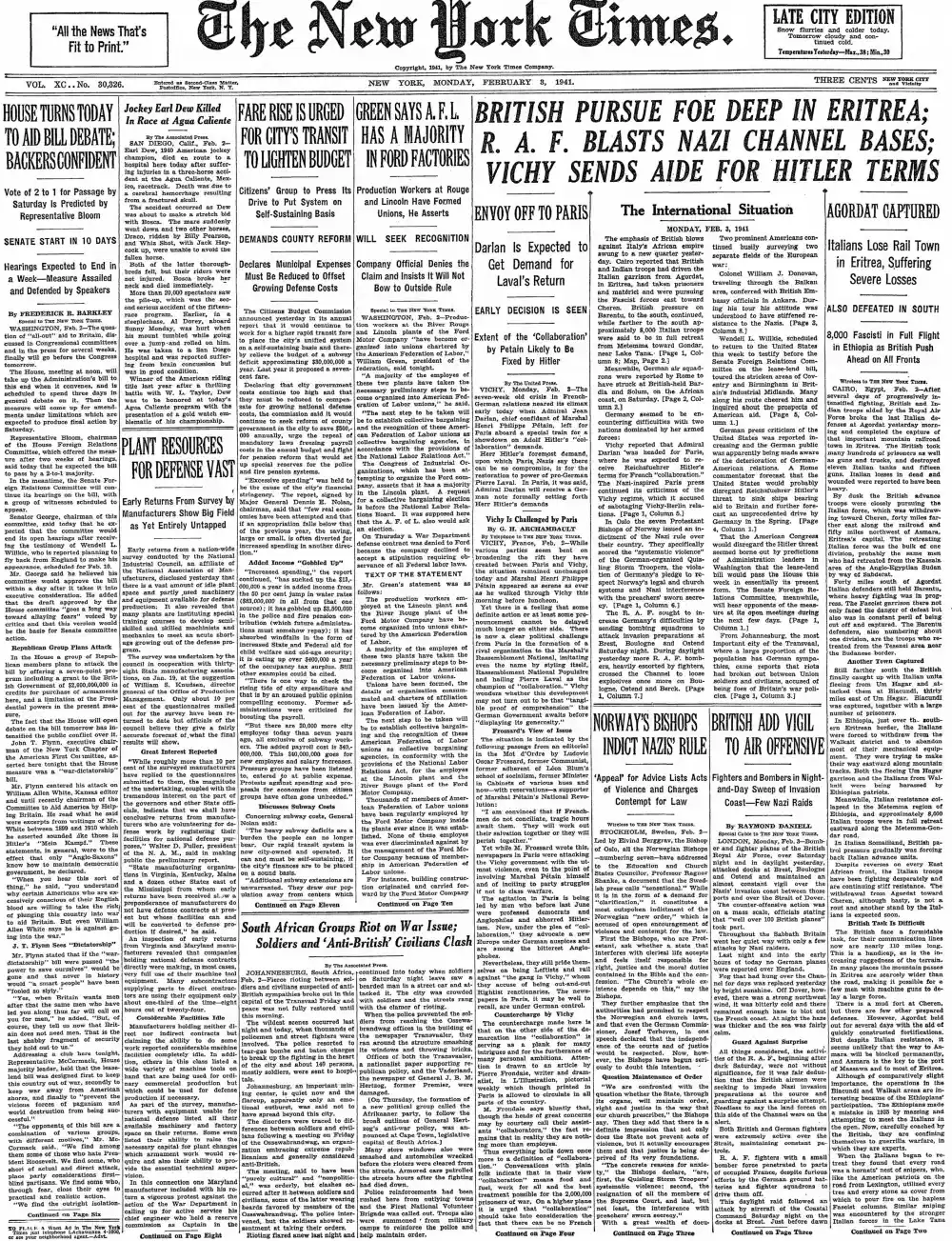Monday, February 3, 1941 – The New York Times Front Page