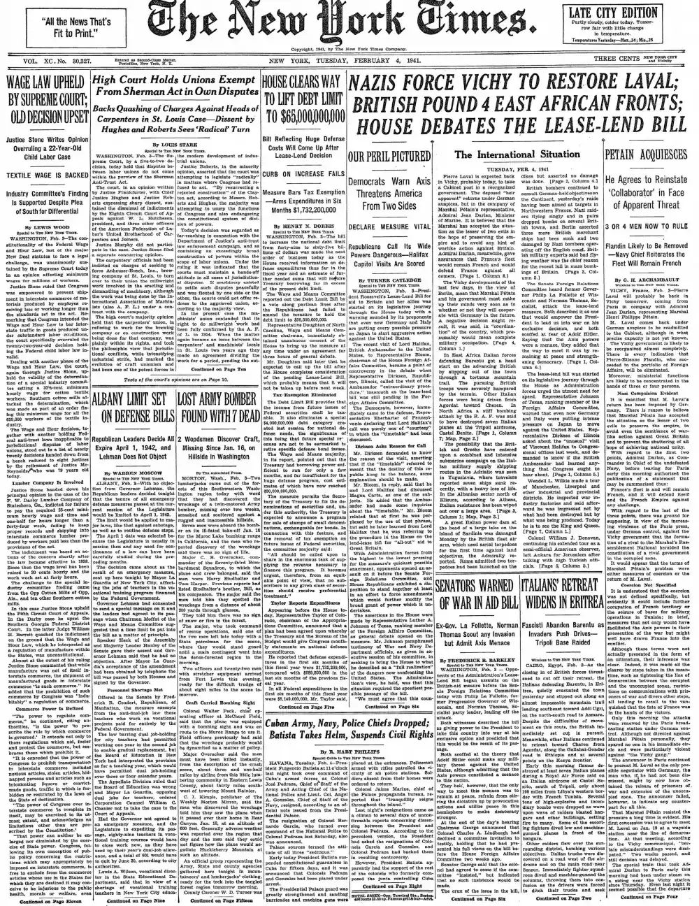 Tuesday, February 4, 1941 – The New York Times Front Page