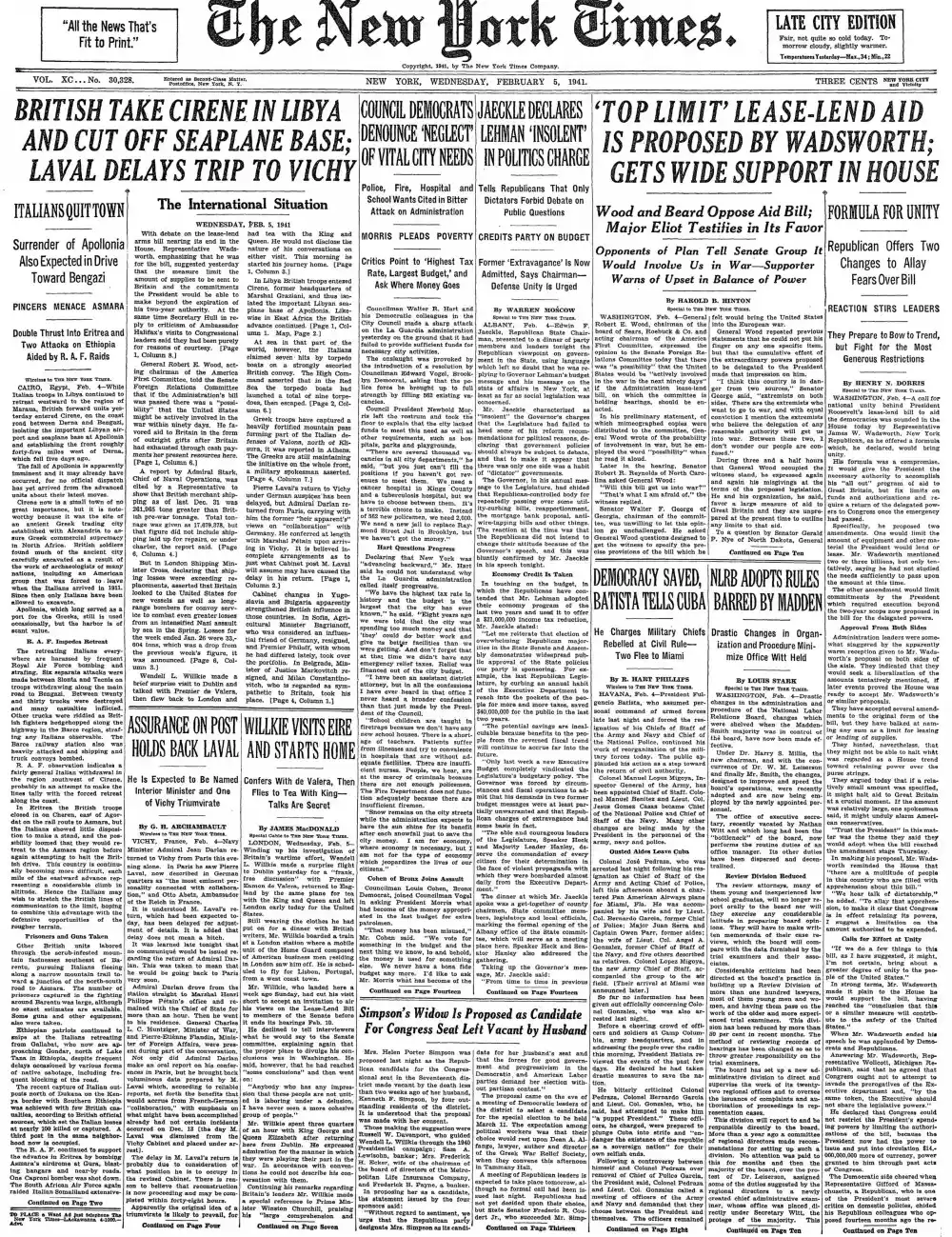 Wednesday, February 5, 1941 – The New York Times Front Page