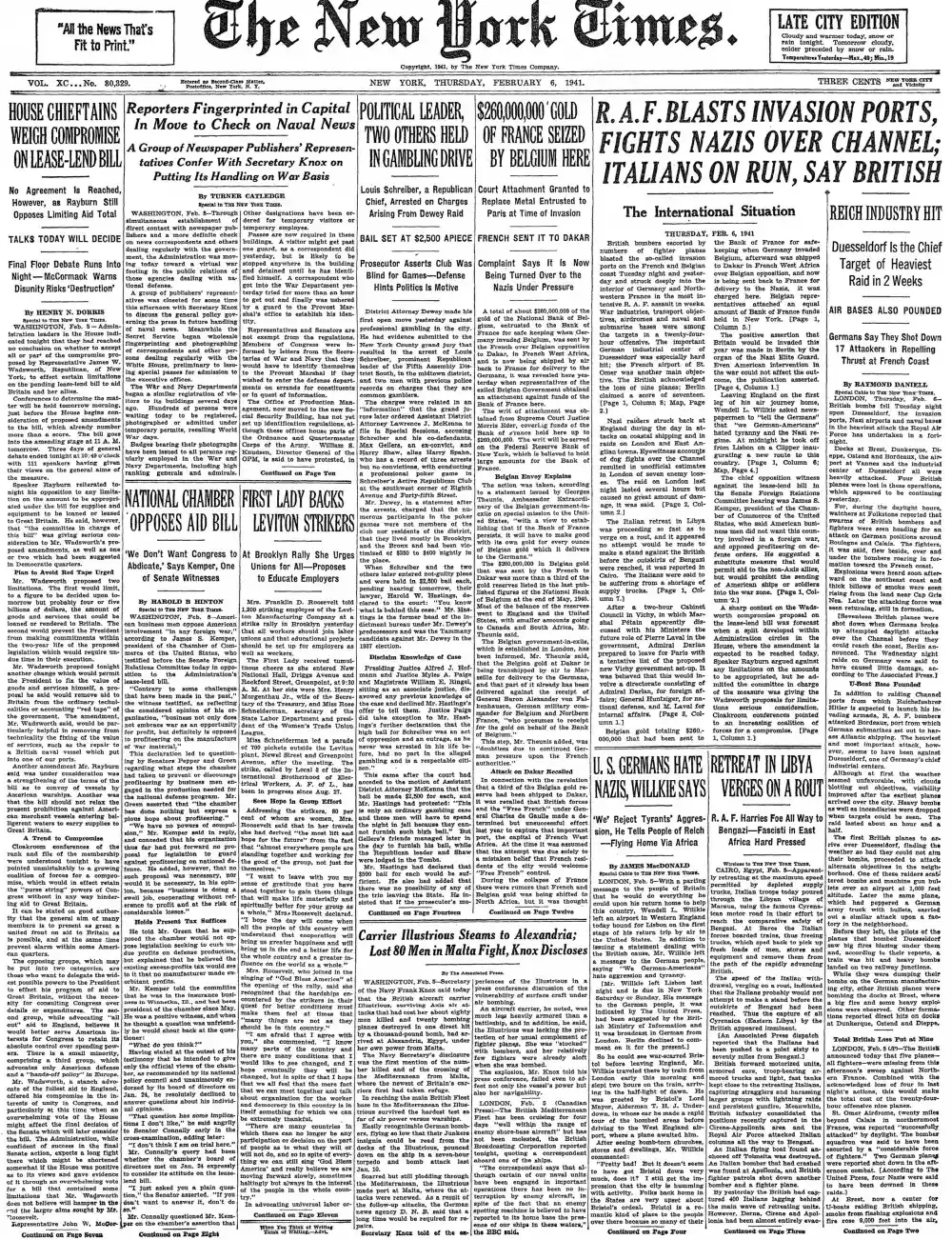 Thursday, February 6, 1941 – The New York Times Front Page