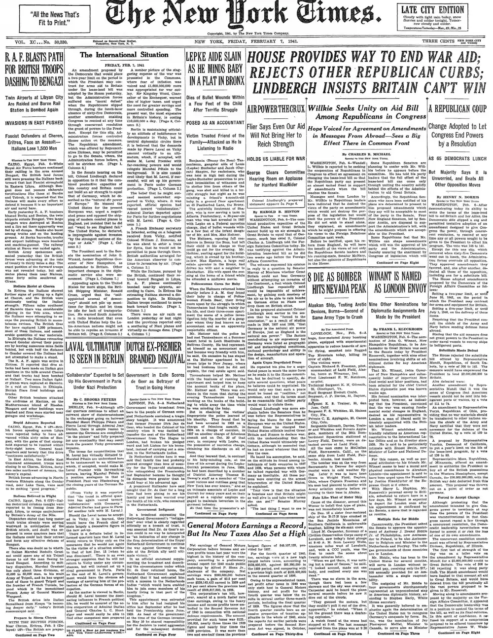 Friday, February 7, 1941 – The New York Times Front Page
