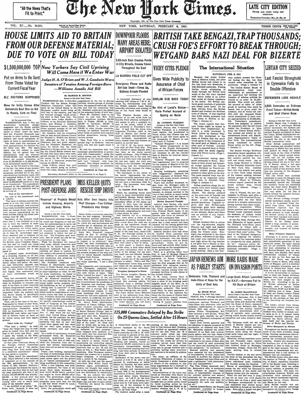 Saturday, February 8, 1941 – The New York Times Front Page