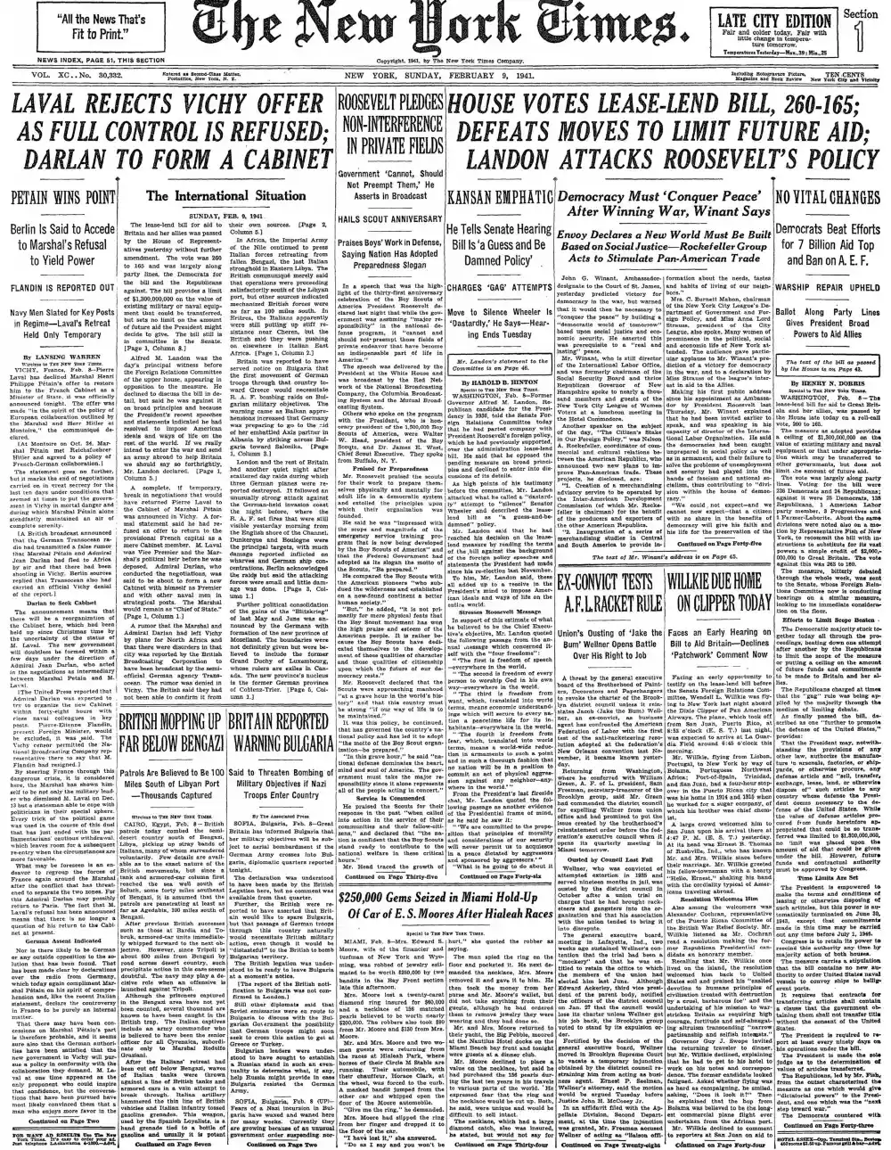Sunday, February 9, 1941 – The New York Times Front Page