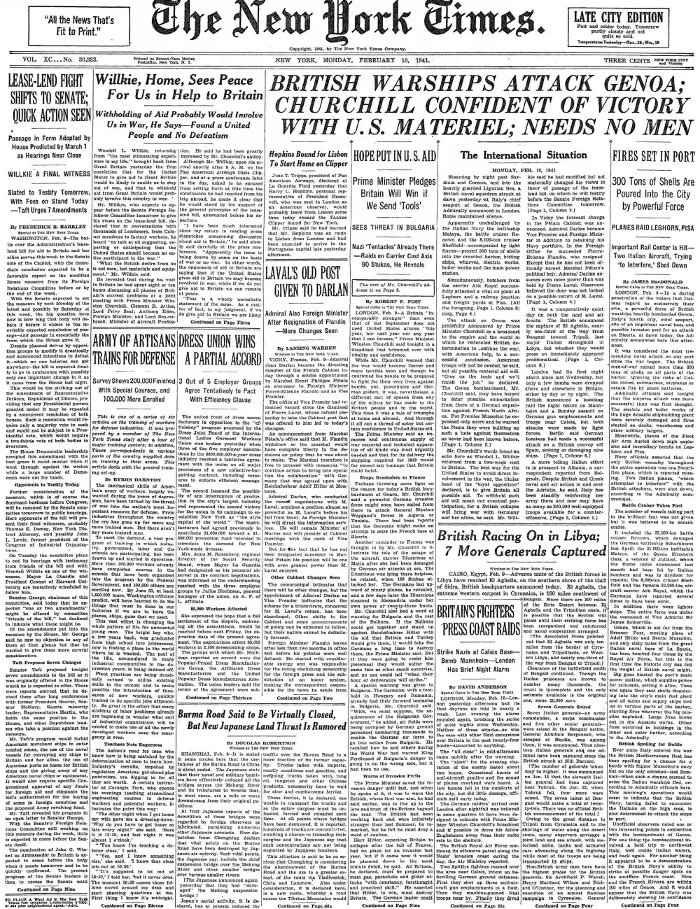 Monday, February 10, 1941 – The New York Times Front Page