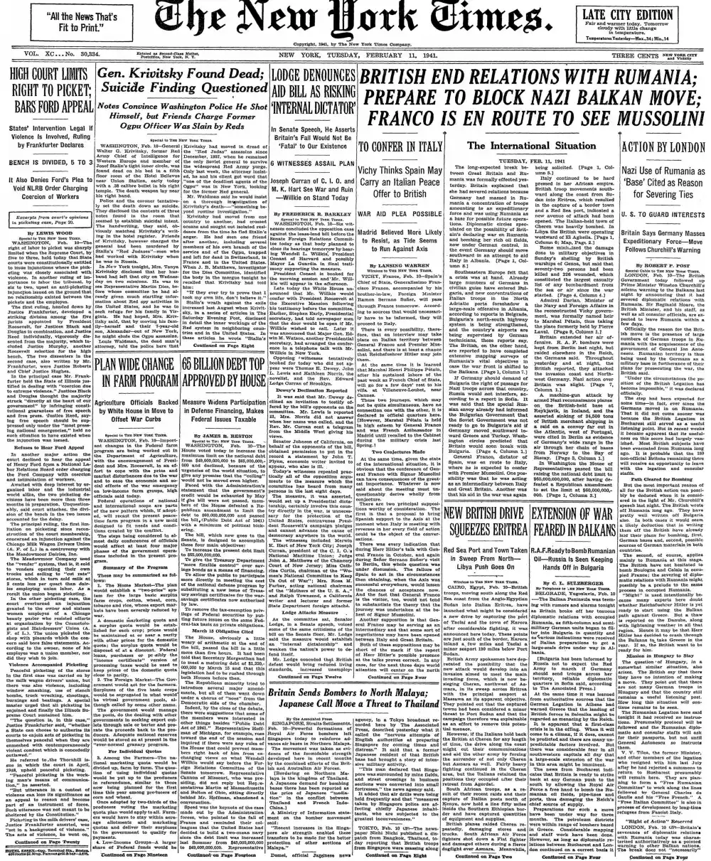 Tuesday, February 11, 1941 – The New York Times Front Page
