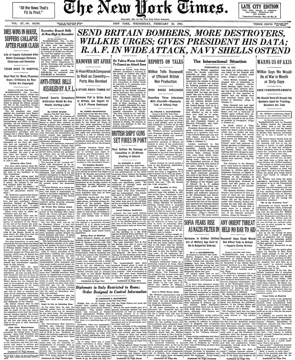 Wednesday, February 12, 1941 – The New York Times Front Page