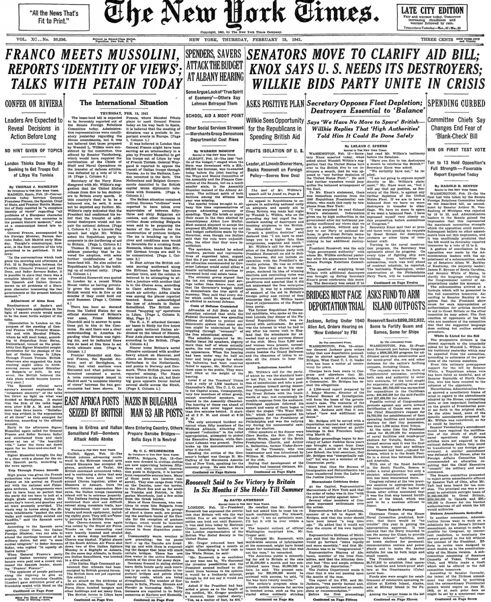 Thursday, February 13, 1941 – The New York Times Front Page