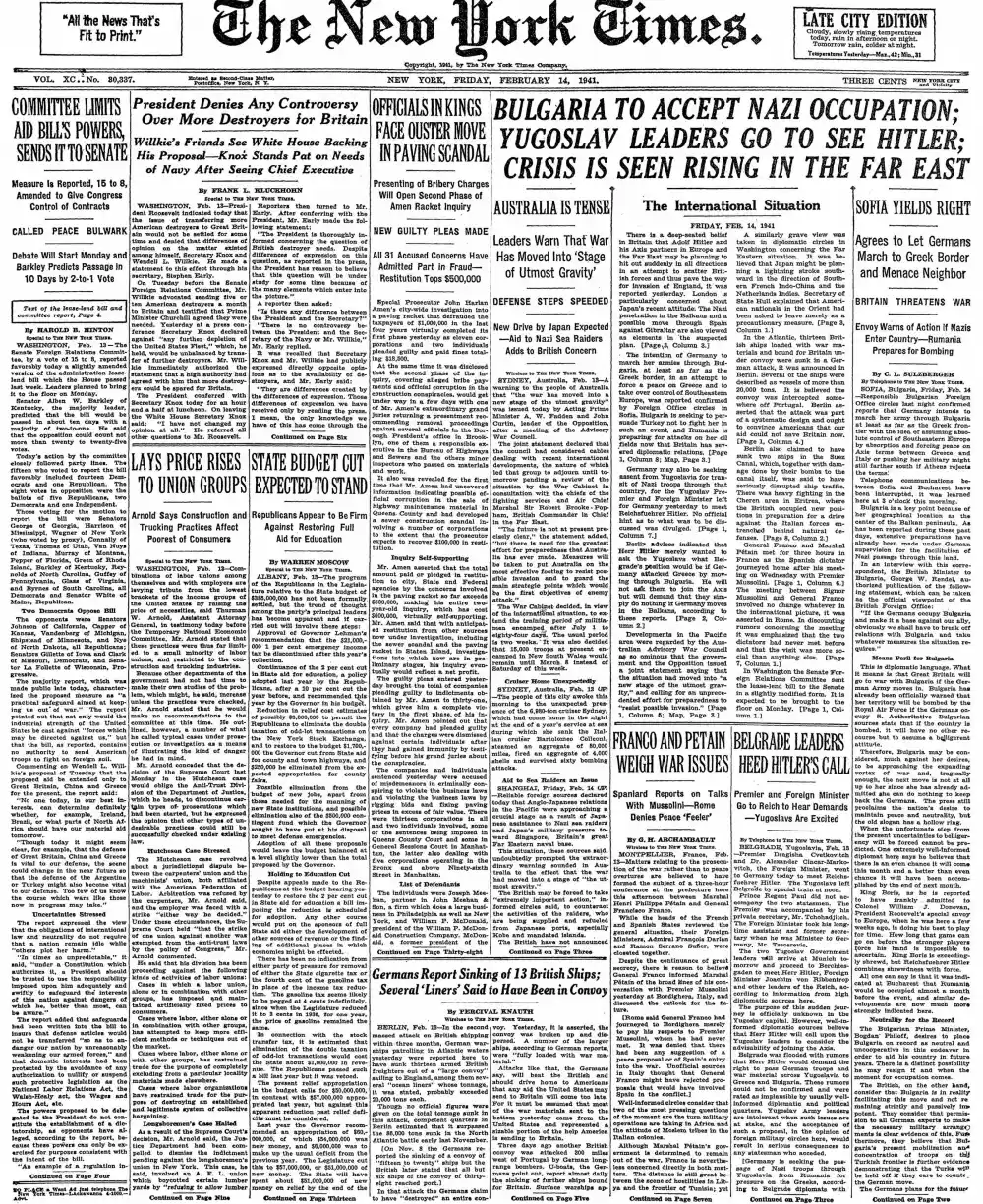 Friday, February 14, 1941 – The New York Times Front Page