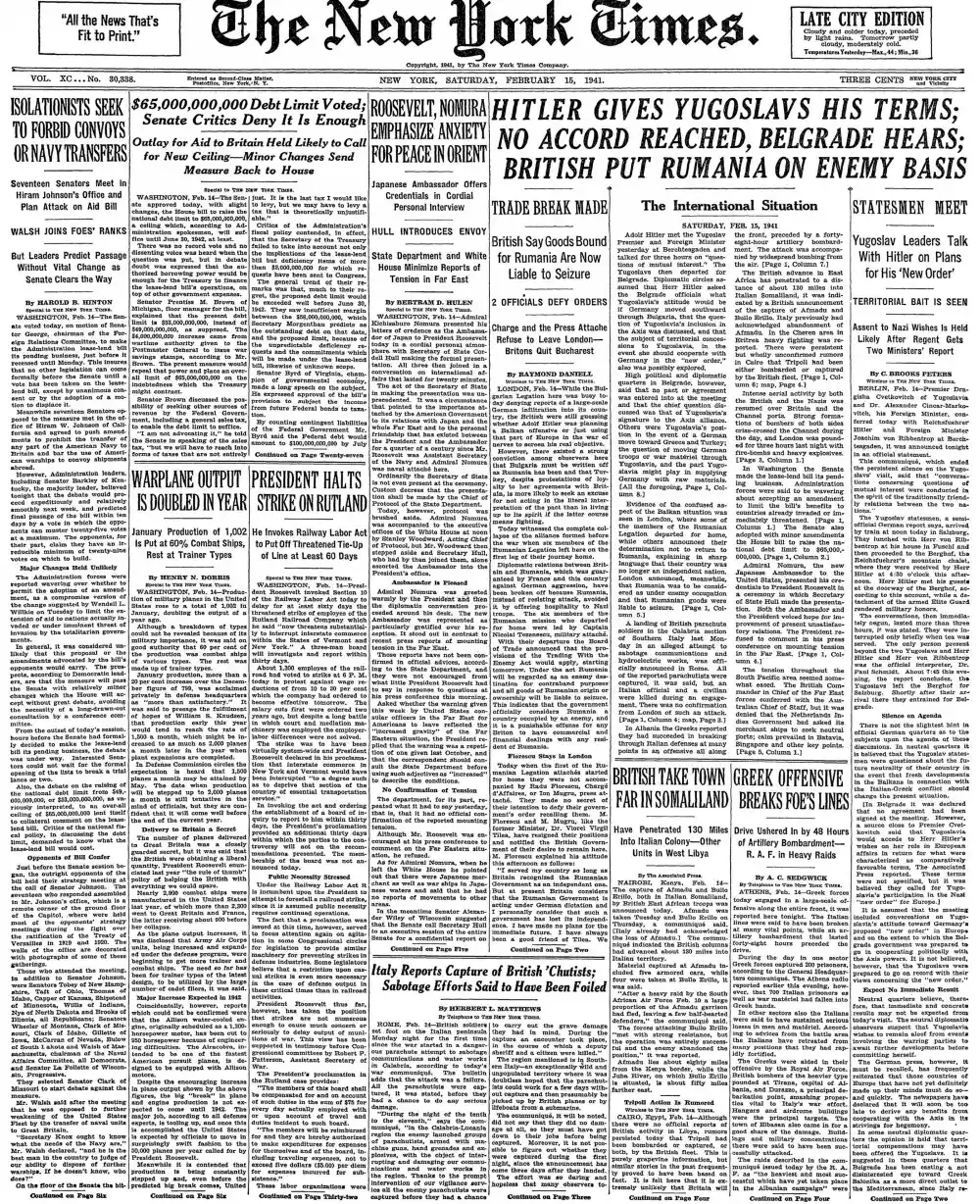 Saturday, February 15, 1941 – The New York Times Front Page