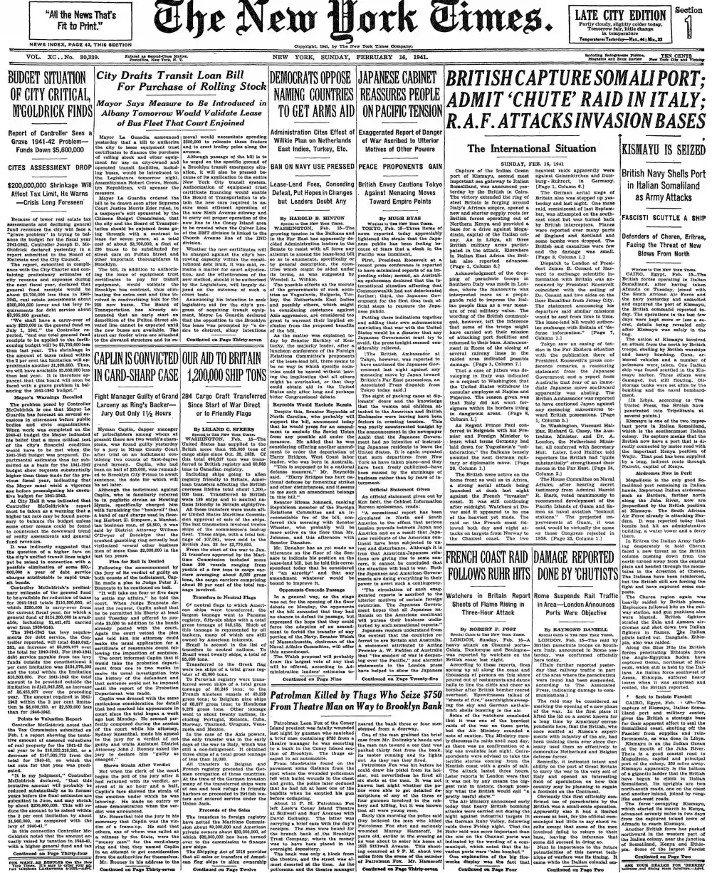 Sunday, February 16, 1941 – The New York Times Front Page