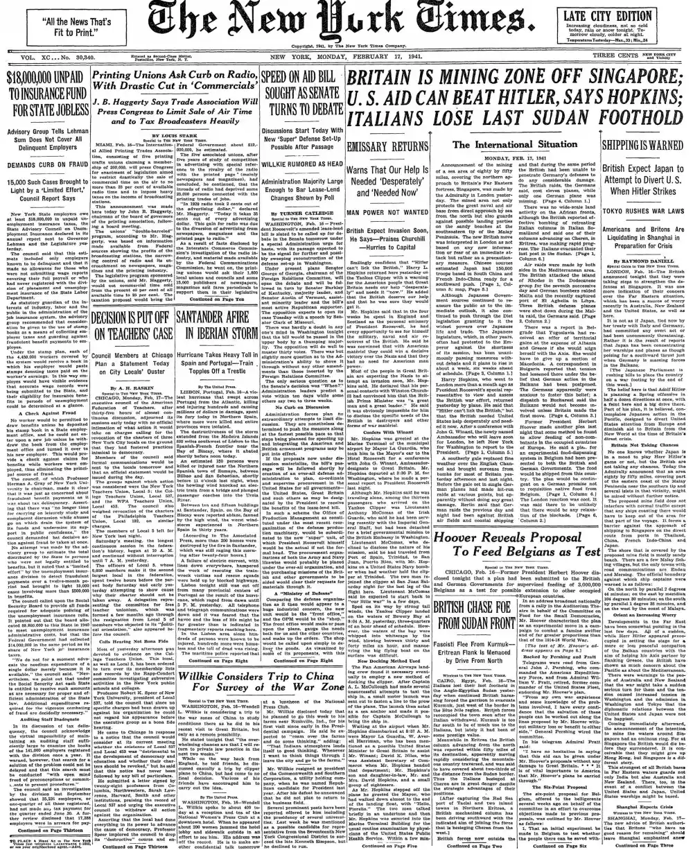 Monday, February 17, 1941 – The New York Times Front Page