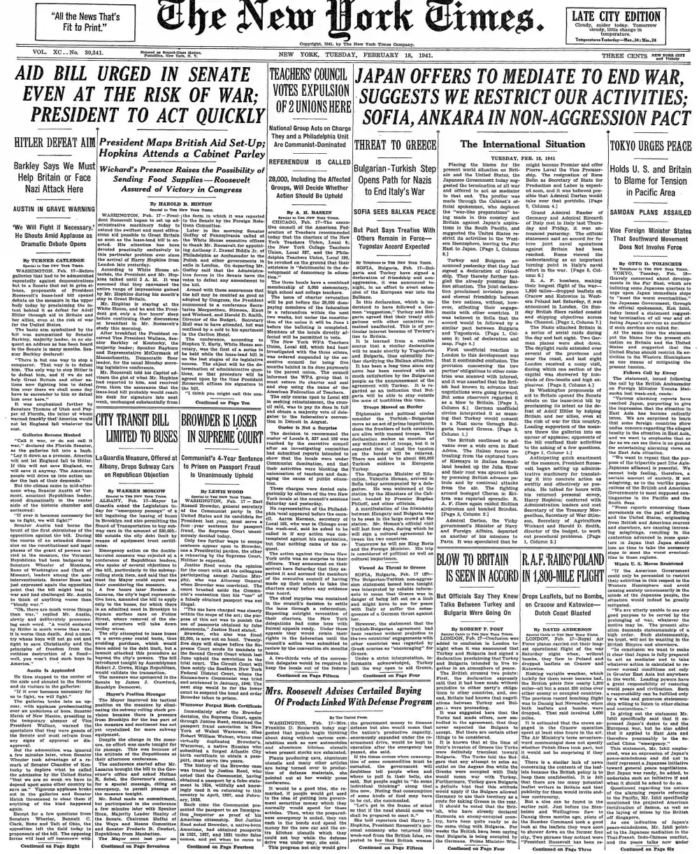 Tuesday, February 18, 1941 – The New York Times Front Page