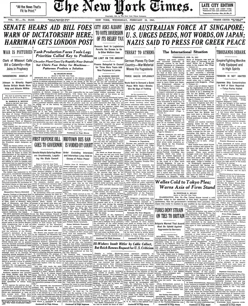 Wednesday, February 19, 1941 – The New York Times Front Page