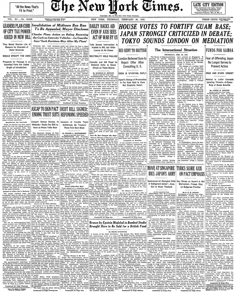Thursday, February 20, 1941 – The New York Times Front Page