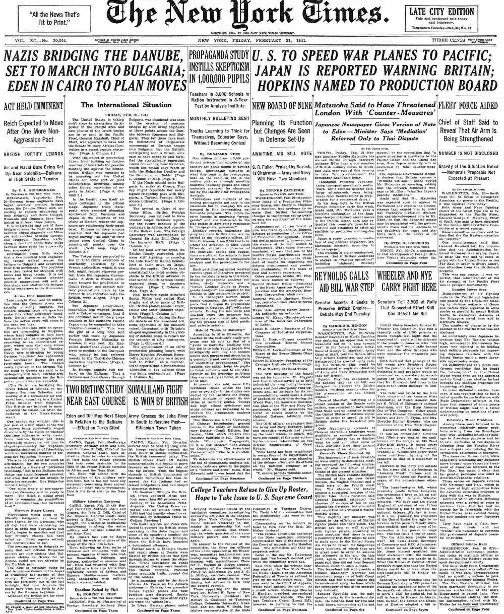 Friday, February 21, 1941 – The New York Times Front Page