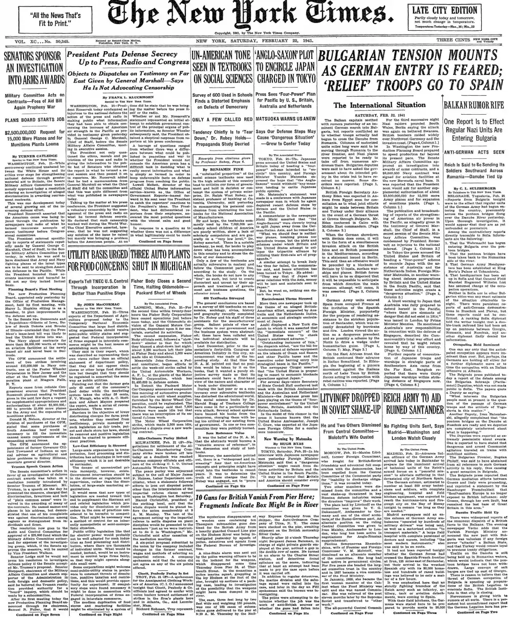 Saturday, February 22, 1941 – The New York Times Front Page
