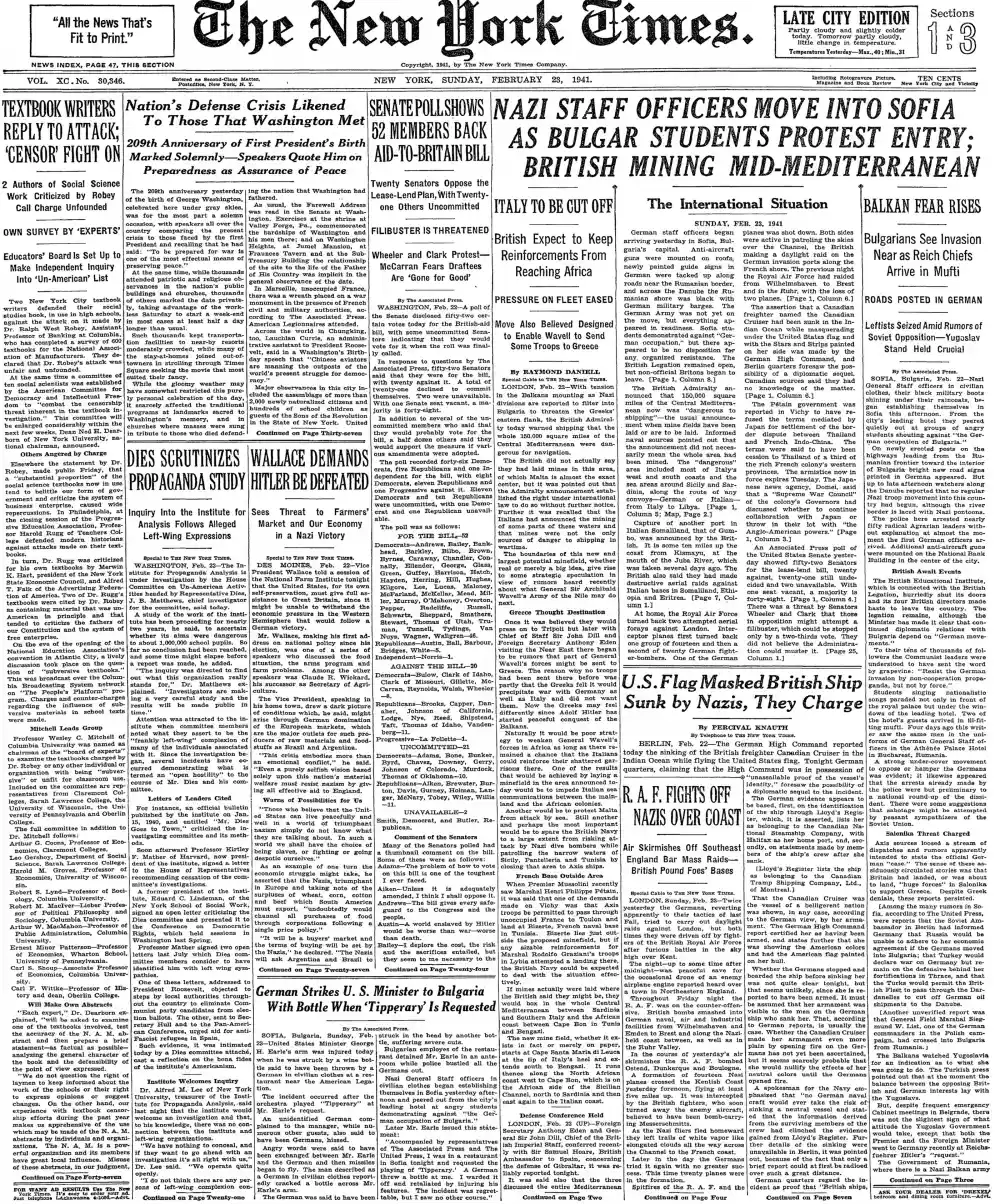 Sunday, February 23, 1941 – The New York Times Front Page