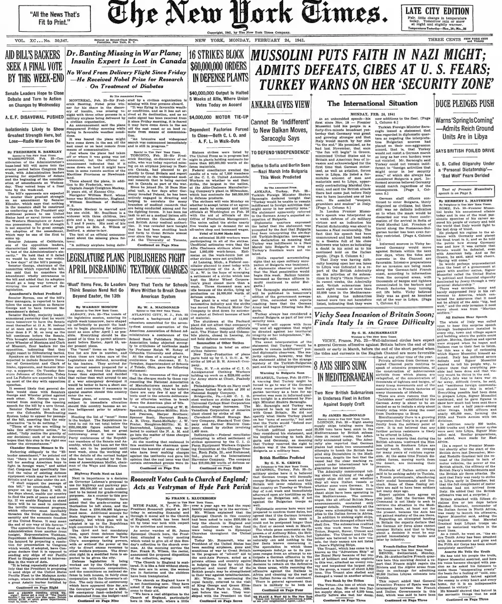 Monday, February 24, 1941 – The New York Times Front Page