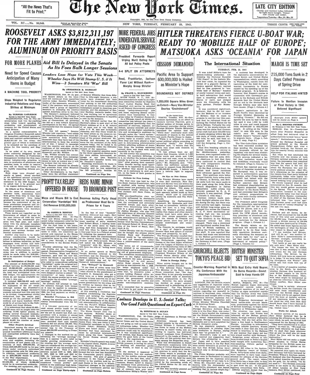 Tuesday, February 25, 1941 – The New York Times Front Page
