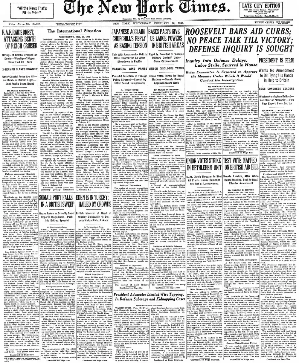Wednesday, February 26, 1941 – The New York Times Front Page